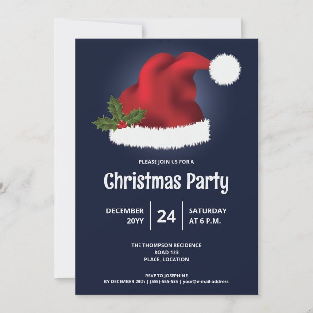 Invitación Red Santa Hat On Blue - Fiesta de Navidades festiv (Anverso)