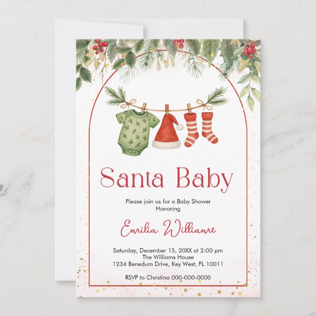 Invitación Red Santa Navidades Clothesline Baby Shower (Anverso)
