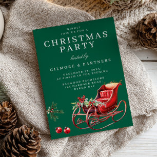 Invitación Red Santa Sleigh Office Navidades Fiesta Green