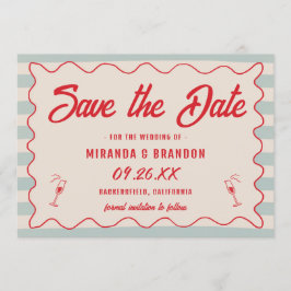 Invitación Red Script Blue Lines Retro QR Code Save the Date