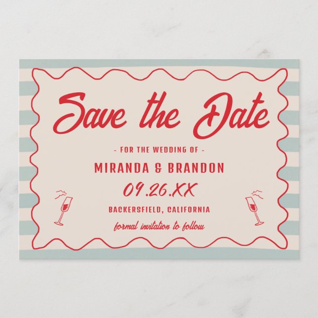Invitación Red Script Blue Lines Retro QR Code Save the Date (Anverso)