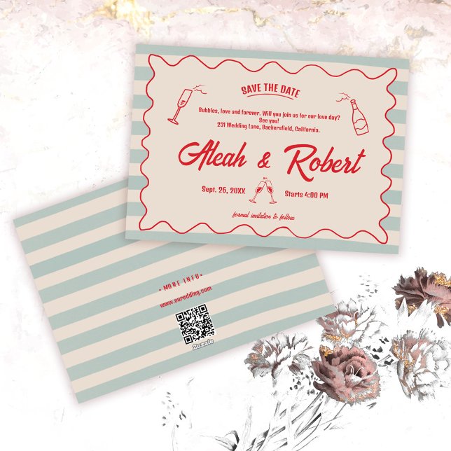Invitación Red Script Blue Lines Retro Wedding Save the Date (Subido por el creador)