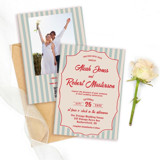 Invitación Red Script Blue Stripe Retro QR Code Photo Wedding (Subido por el creador)