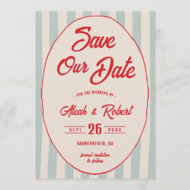 Invitación Red Script Blue Stripe Vintage Retro Save the Date