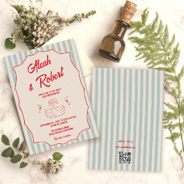 Invitación Red Script Blue Stripes QR Code Retro Wedding