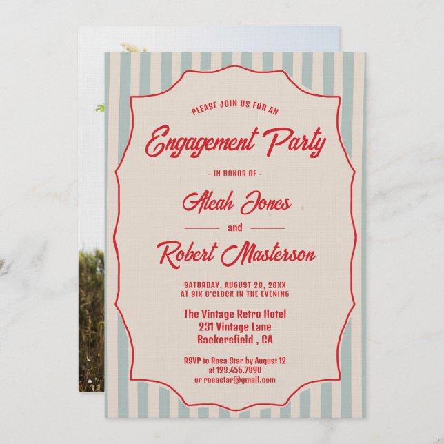 Invitación Red Script Blue Stripes Retro Photo Engagement (Anverso / Reverso)