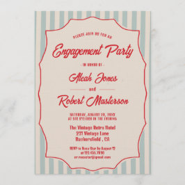 Invitación Red Script Blue Stripes Retro Photo Engagement