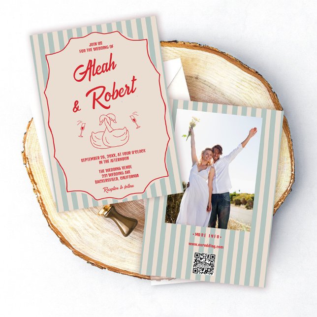 Invitación Red Script Blue Stripes Retro Photo Wedding (Subido por el creador)