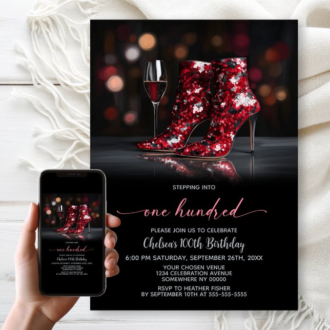 Invitación Red Sequin Boots 100th Birthday Party (Subido por el creador)