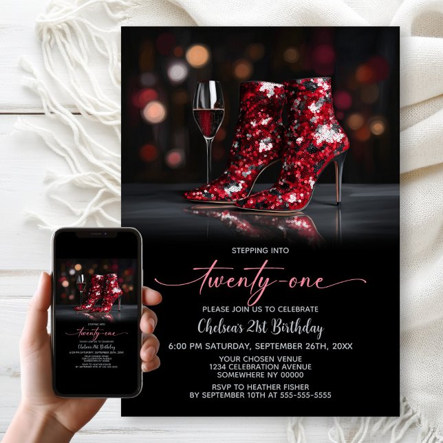 Invitación Red Sequin Boots 21st Birthday Party (Subido por el creador)