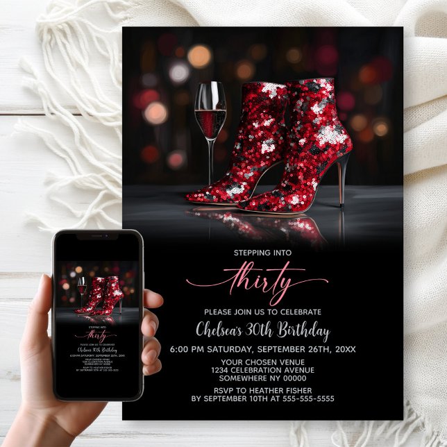 Invitación Red Sequin Boots 30th Birthday Party (Subido por el creador)