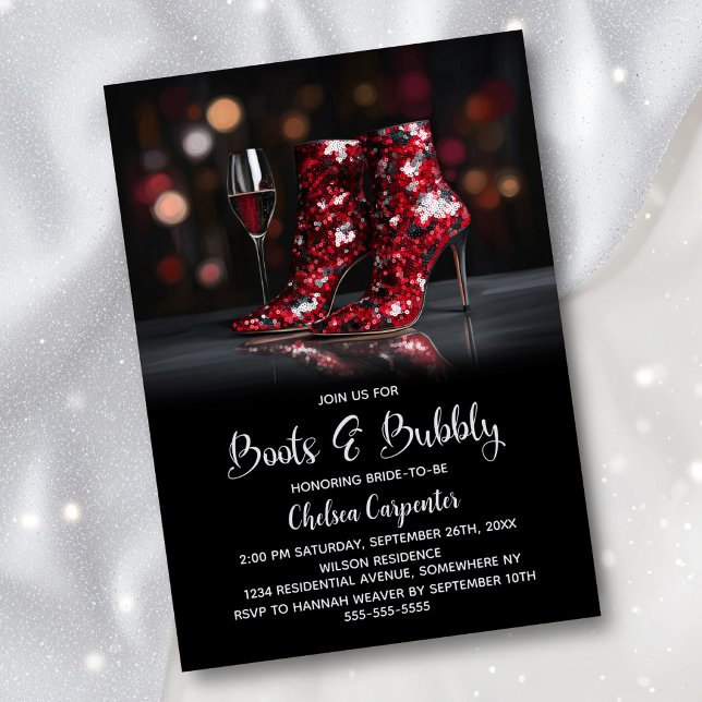 Invitación Red Sequin Boots and Bubbly Bridal Shower (Subido por el creador)