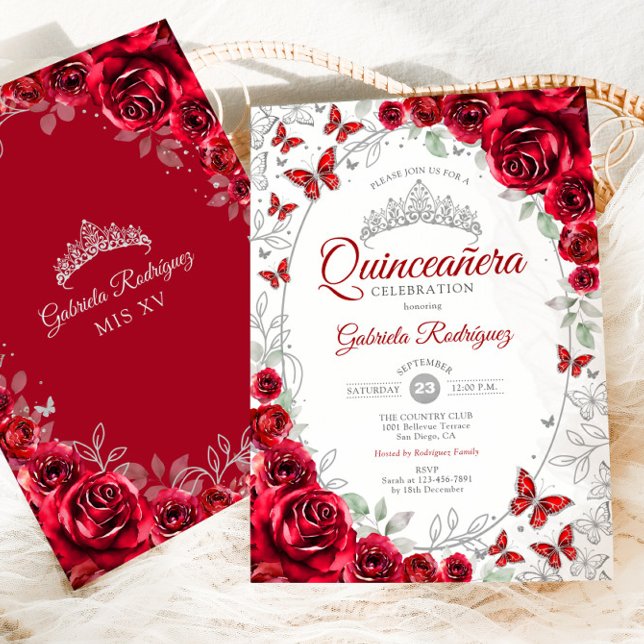 Invitación Red Silver Floral Quinceanera (Subido por el creador)
