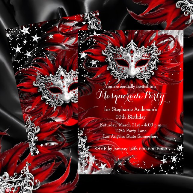 Invitación Red Silver Sparkle Magical Night Masquerade Party (Subido por el creador)