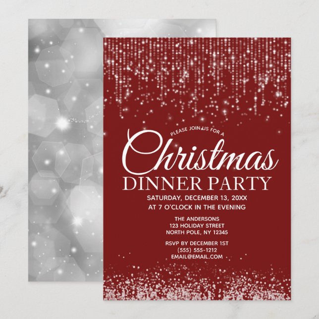 Invitación Red Silver String ilumina a Navidades Fiesta de ce (Anverso / Reverso)