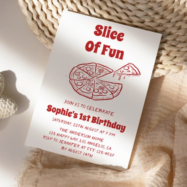 Invitación Red Slice of Fun Pizza First Birthday Party   (Subido por el creador)