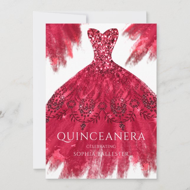 Invitación Red Sparkle Gown Elegante Quinceanera Vestido Fies (Anverso)