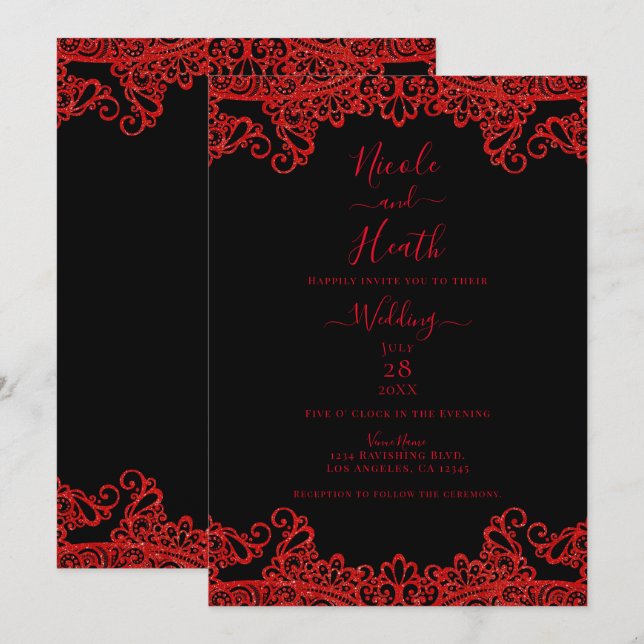 Invitación Red Sparkle Purpurina Lace Black Elegant Wedding (Anverso / Reverso)