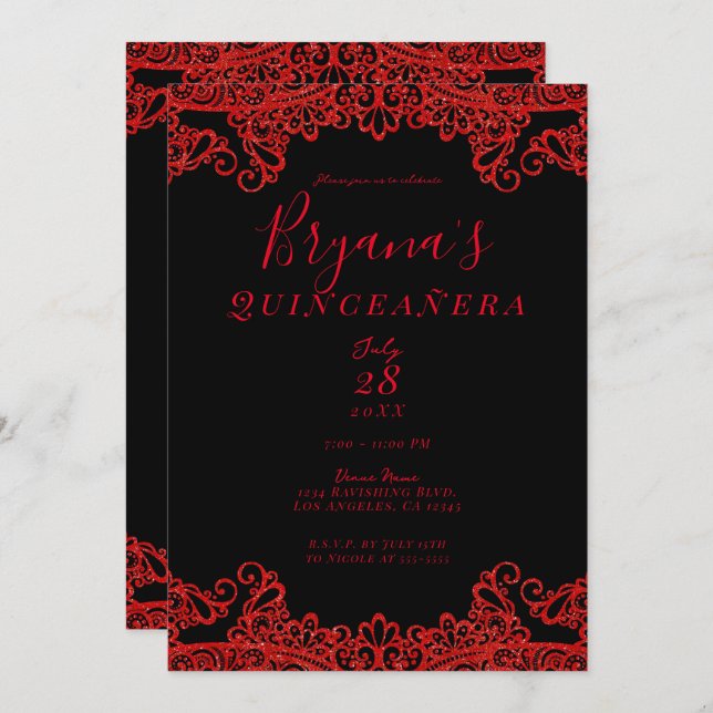 Invitación Red Sparkle Purpurina Lace Black Quinceañera (Anverso / Reverso)