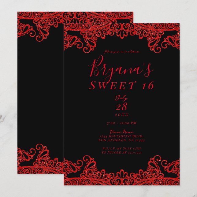 Invitación Red Sparkle Purpurina Lace Black Sweet 16 Fiesta (Anverso / Reverso)