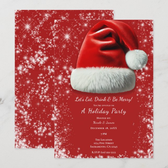 Invitación Red Sparkle Santa Hat Navidades de vacaciones Fies (Anverso / Reverso)