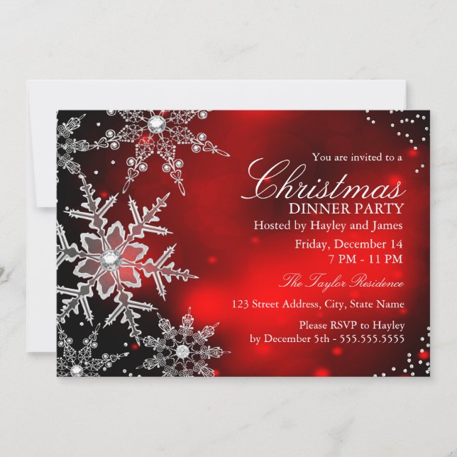 Invitación Red Sparkle Snowflake Navidades Fiesta de cena (Anverso)