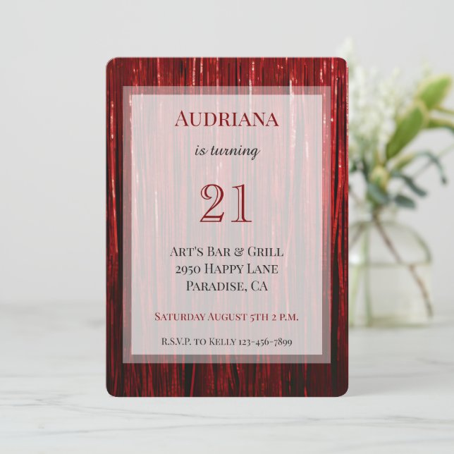Invitación Red Sparkle Tinsel Stripes 21º cumpleaños (Anverso de pie)