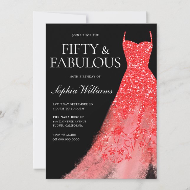 Invitación Red Sparkle Vestido Negro 50 cumpleaños fiesta (Anverso)