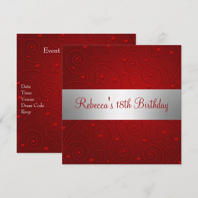 Invitación Red Spiral Hearts Silver Fiesta de cumpleaños 18 (Anverso / Reverso)