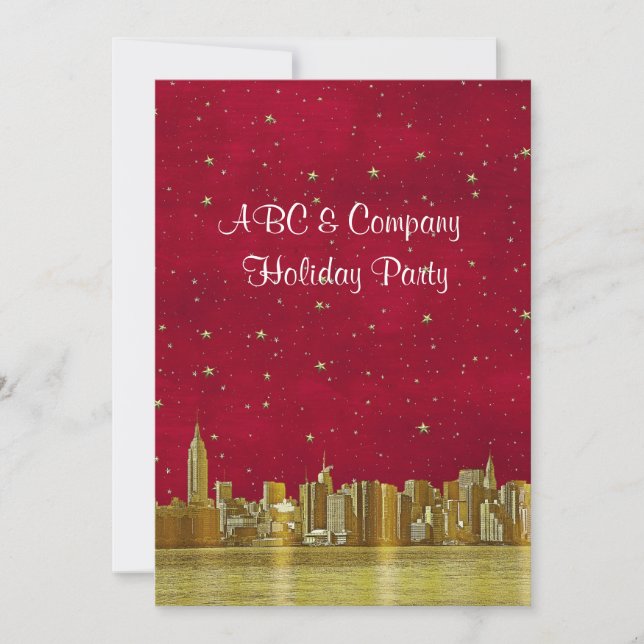 Invitación Red Starry, Navidades del Skyline de la NYC Gold (Anverso)