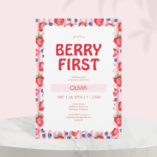 Invitación Red Strawberries Berry Primer Fiesta de cumpleaños