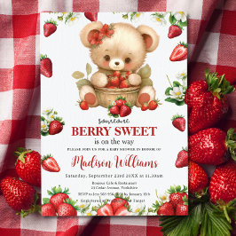 Invitación Red Strawberries Berry Sweet Bear Baby Shower