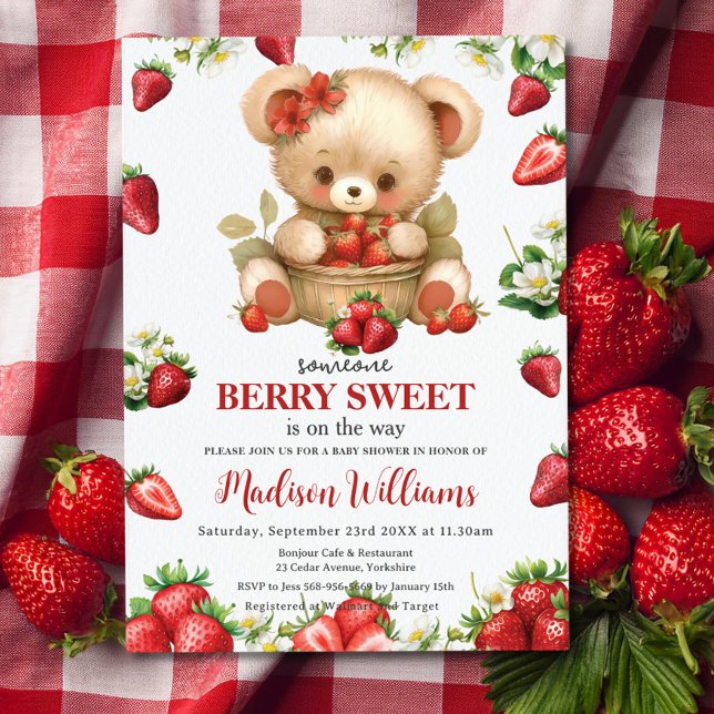 Invitación Red Strawberries Berry Sweet Bear Baby Shower (someone berry sweet cute bear with basket of red strawberries baby shower invitation cards download )