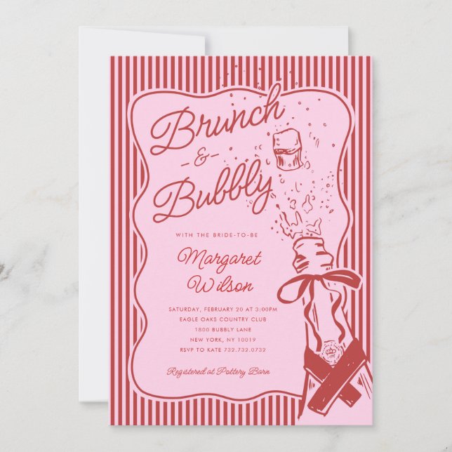Invitación Red Stripe Bow Brunch and Bubbly Bridal Shower (Anverso)