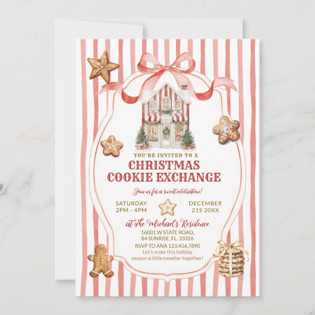 Invitación Red Stripes Bow Gingerbread House Cookies Exchange (Anverso)