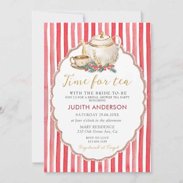 Invitación Red Stripes Christmas Tea Party Bridal Shower  (Anverso)