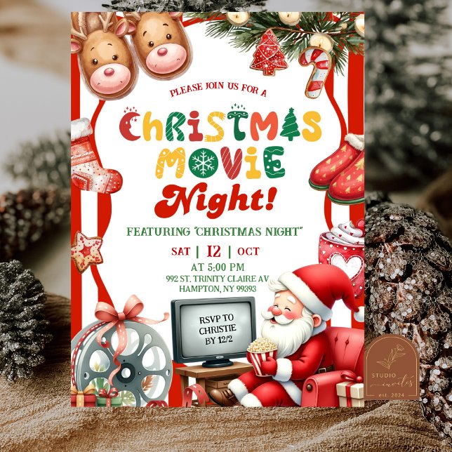 Invitación Red Stripes Fun Retro Christmas Movie Night Party (Subido por el creador)