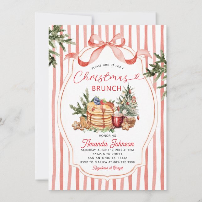 Invitación Red Stripes Pancake Holiday Party Christmas Brunch (Anverso)