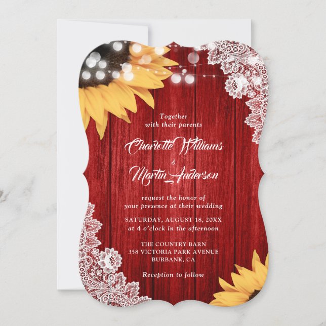 Invitación Red Sunflower Wood Floral Lace Boda (Anverso)