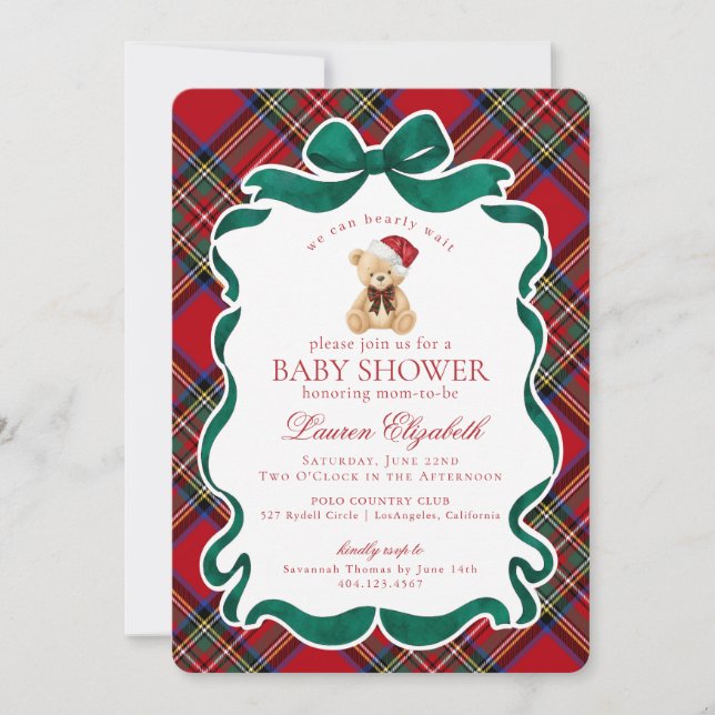 Invitación Red Tartan Plaid Christmas Bear Baby Shower (Anverso)
