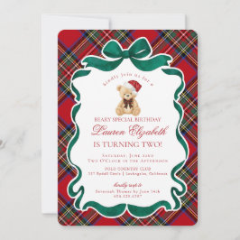 Invitación Red Tartan Plaid Christmas Bear Birthday