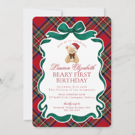 Invitación Red Tartan Plaid Christmas Beary First Birthday