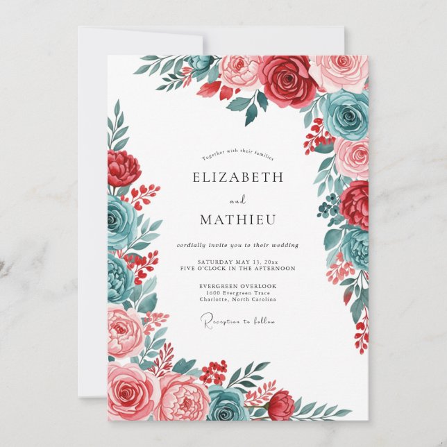 Invitación Red Teal Gracious Botanical Wedding (Anverso)