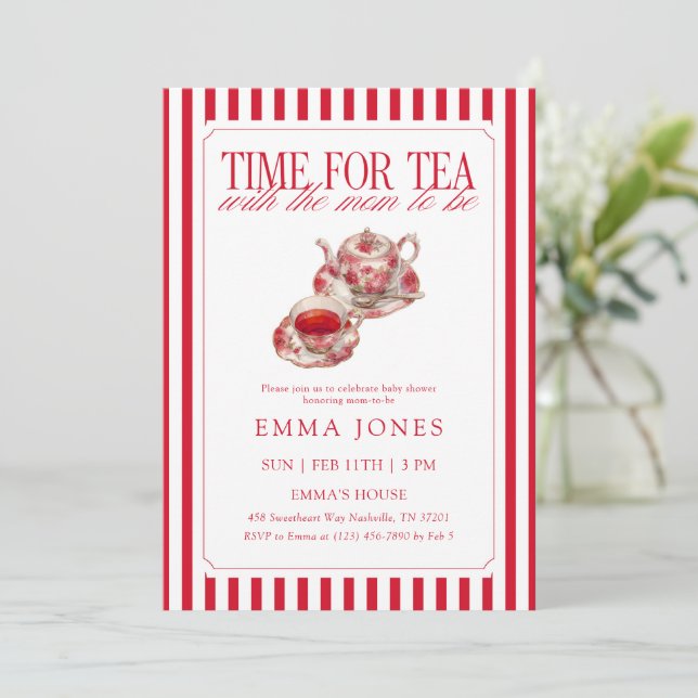 Invitación Red Time for tea tea party baby shower (Anverso de pie)