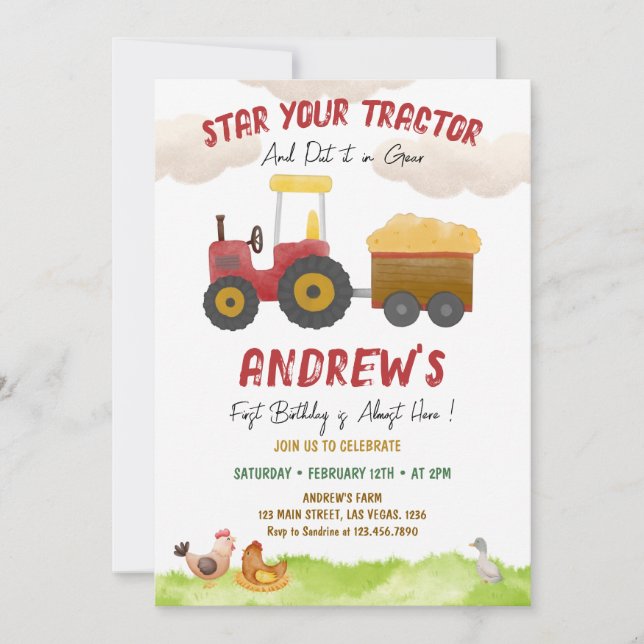 Invitación Red Tractor cualquier edad, cumpleaños de Farm Boy (Anverso)