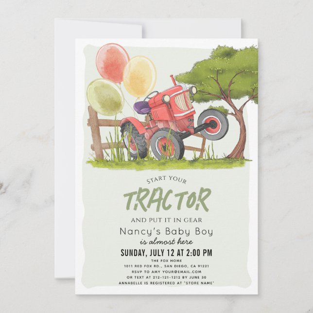 Invitación Red Tractor Farm Boy Baby Shower (Anverso)