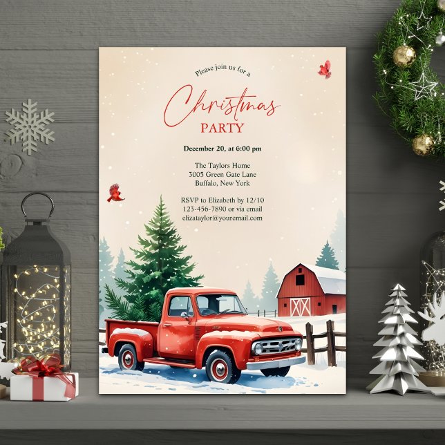 Invitación Red Truck Snowy Barn Rustic Christmas Party (Personalized Rustic Christmas Party Invitation – Red Vintage Truck, Snowy Farm & Barn)