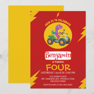 Invitación RED trueno Cute dinosaur truck School Cumpleaños