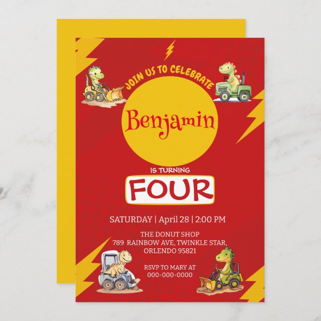 Invitación RED trueno tractor de dinosaurio Cute Cumpleaños e (Anverso / Reverso)