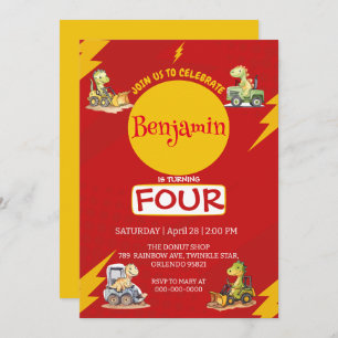 Invitación RED trueno tractor de dinosaurio Cute Cumpleaños e